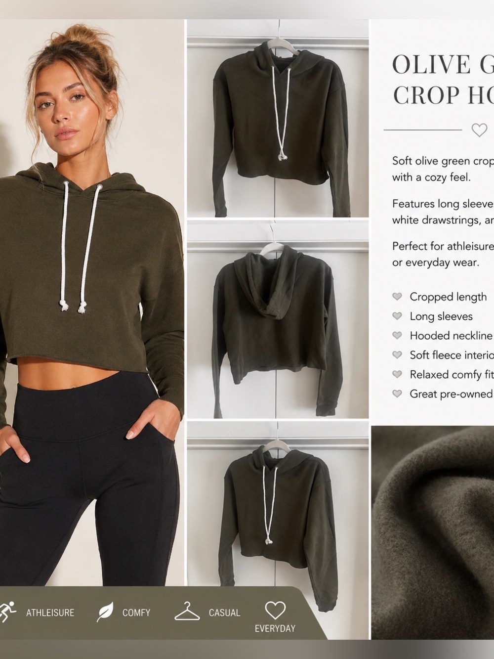 Olive Green Cropped Hoodie – Women's Cozy Fleece Pullover